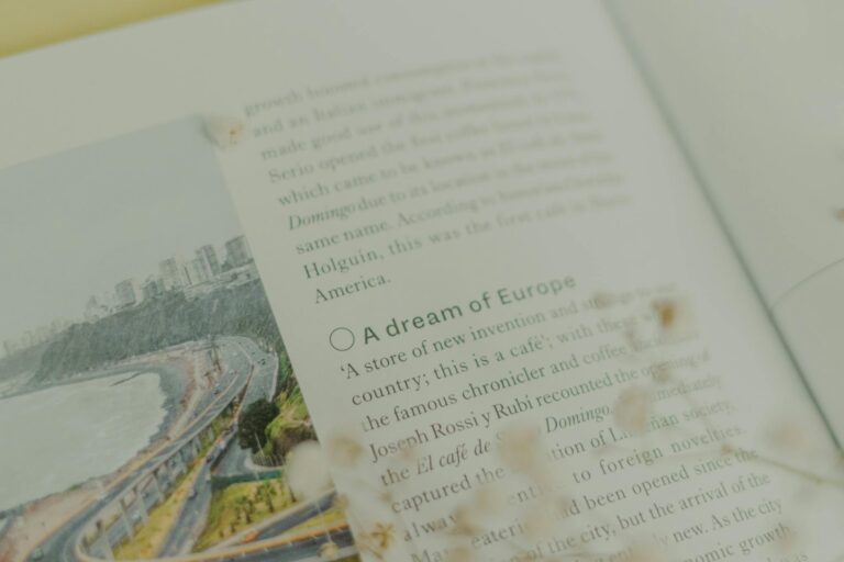 Close-up view of a printed magazine page featuring text and a coastal image, showcasing editorial content.